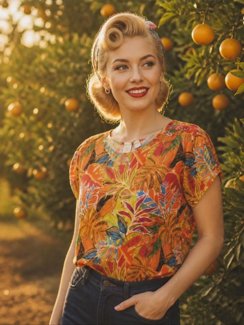 C&C California Orange Tropical Print Short Sleeve Top
